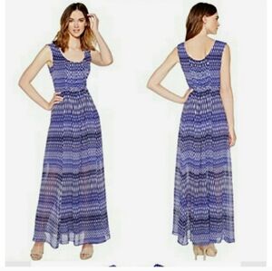 Calvin Klein NWT Fit & Flare Chiffon Byzantine Blue Stripe Boho Maxi Dress  Sz 8